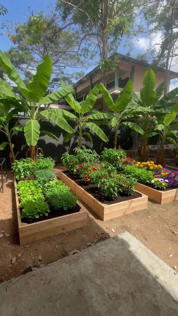 Huerto en camas elevadas con plátano, lechuga y tomate