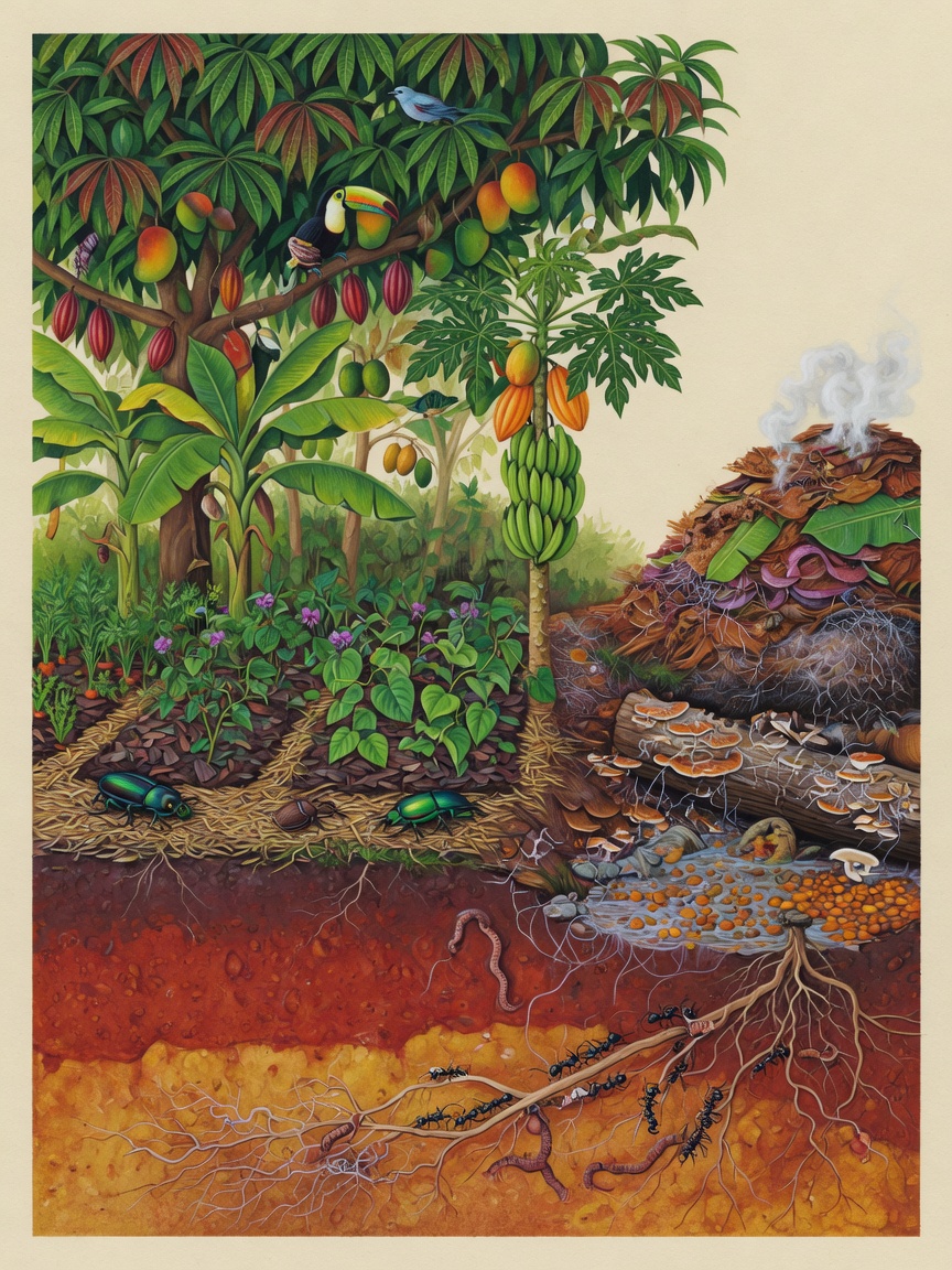 Ilustración de nichos de la finca: dosel, huerta, compost, agua, madera muerta y raíces