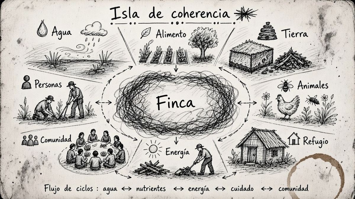 Croquis de isla de coherencia: agua, alimento, tierra, animales, personas, comunidad, refugio y energía